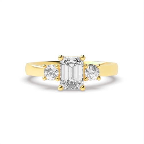 4 Prong Emerald Yellow Gold With round Trilogy Engagement Rings