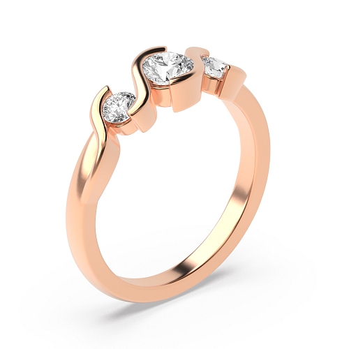 Bezel Setting Round Rose Gold Ribbon Styled Trilogy Engagement Rings