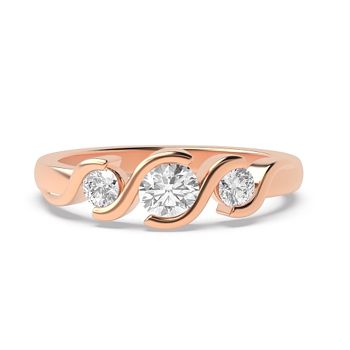 Bezel Setting Round Rose Gold Ribbon Styled Trilogy Engagement Rings