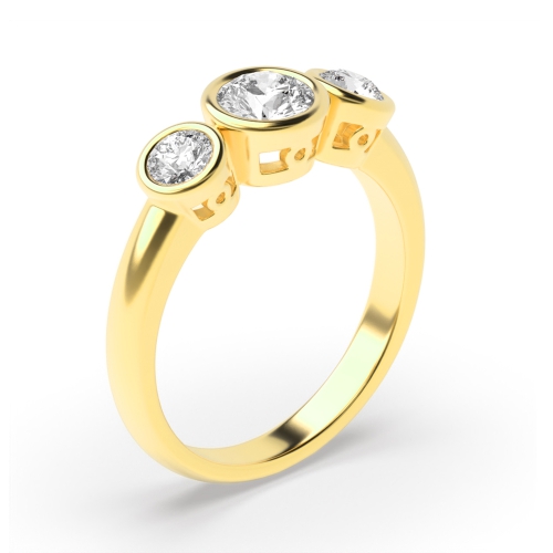 Bezel Setting Round Yellow Gold Trinity Three Stone Engagement Ring