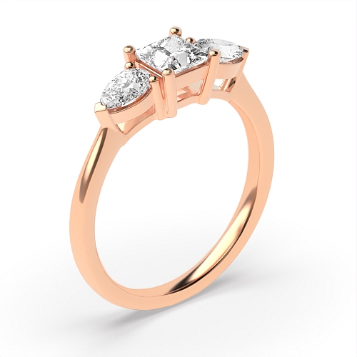 4 Prong Princess Rose Gold With pear on side Trilogy Engagement Rings