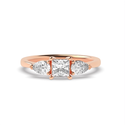 4 Prong Princess Rose Gold With pear on side Trilogy Engagement Rings