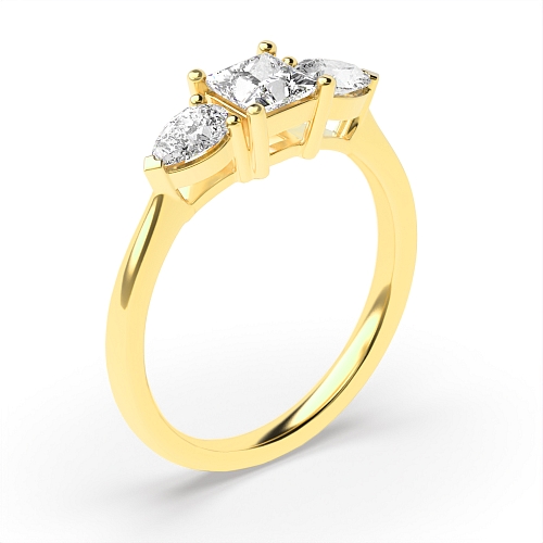 4 Prong Princess Yellow Gold With pear on side Engagement Rings