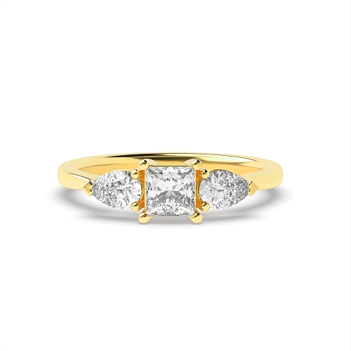 4 Prong Princess Yellow Gold With pear on side Engagement Rings