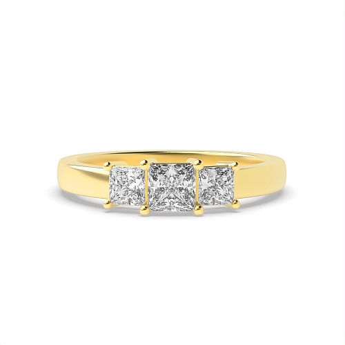 4 Prong Princess Yellow Gold Basket setting Trilogy Engagement Rings