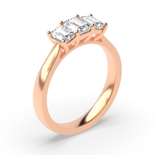 4 Prong Emerald Rose Gold Raised setting shared claw Trilogy Engagement Rings