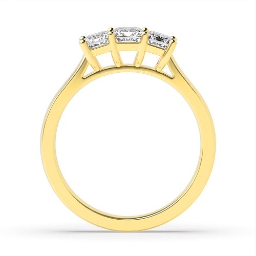 4 Prong Emerald Yellow Gold Raised setting shared claw Trilogy Engagement Rings