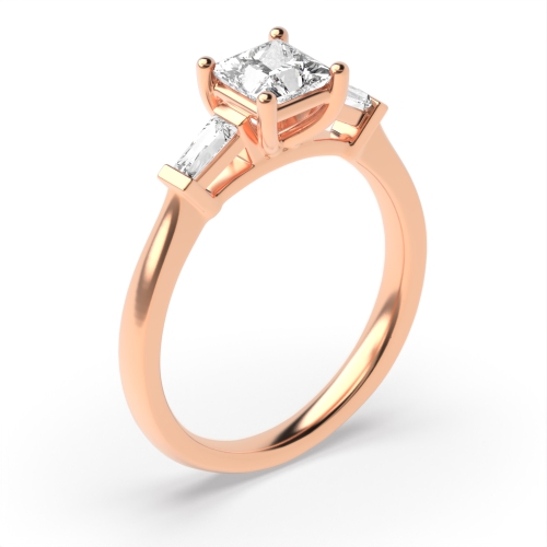 4 Prong Princess Rose Gold With baguette on side Trilogy Engagement Rings