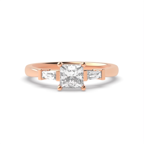 4 Prong Princess Rose Gold With baguette on side Trilogy Engagement Rings