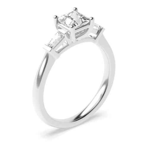 4 Prong Princess with baguette on side Three Stone Diamond Ring