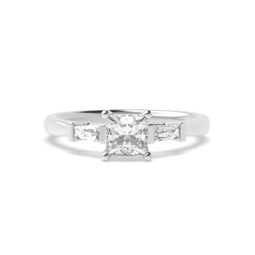 4 Prong Princess with baguette on side Three Stone Diamond Ring