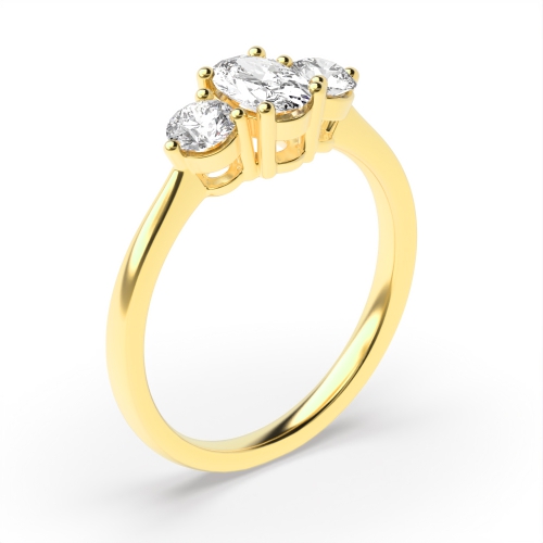 4 Prong Setting Oval Trilogy Diamond Rings In Yellow Gold