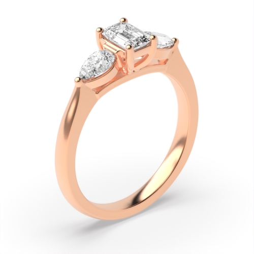 4 Prong Setting Emerald Trilogy Diamond Rings In Rose Gold