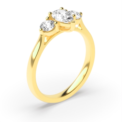 Prong Pear Yellow Gold With round on side Trilogy Engagement Rings