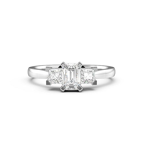4 Prong Emerald with princess on side Three Stone Diamond Ring