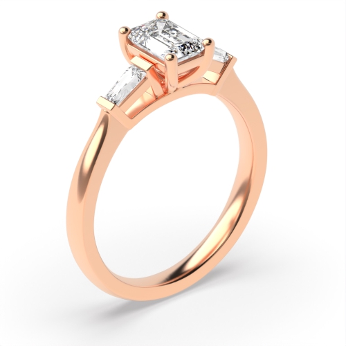 4 Prong Emerald Rose Gold Three Stone Engagement Rings
