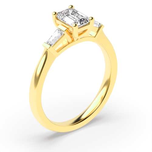 4 Prong Emerald Yellow Gold Three Stone Diamond Rings