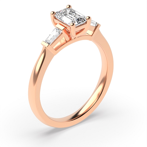 4 Prong Emerald Rose Gold With baguette on side Trilogy Engagement Rings