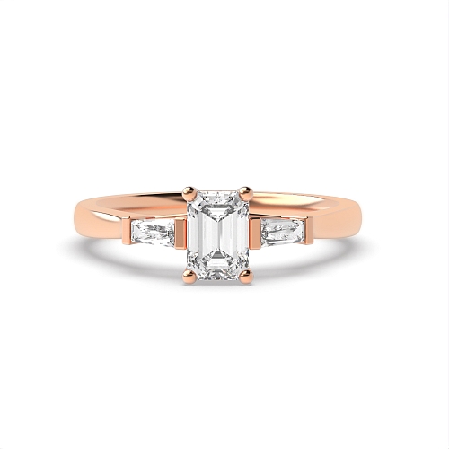 4 Prong Emerald Rose Gold With baguette on side Trilogy Engagement Rings