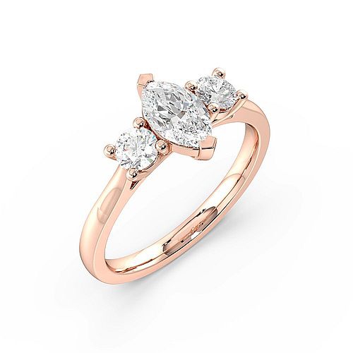 4 Prong Marquise Rose Gold With round on side Three Stone Engagement Rings