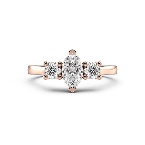 4 Prong Marquise Rose Gold With round on side Three Stone Engagement Rings