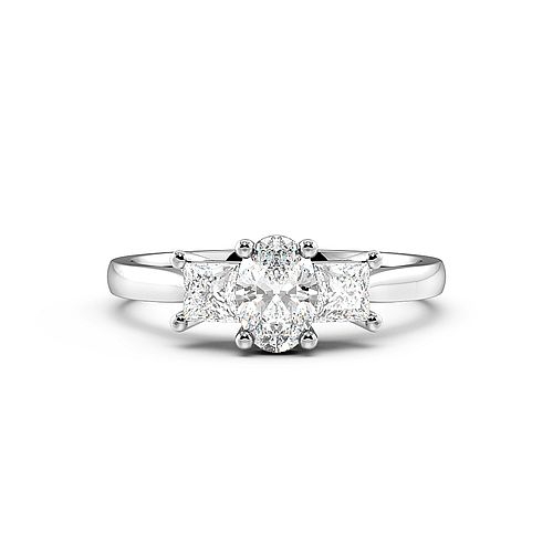 4 Prong Oval With Princess on Side Three Stone Diamond Ring