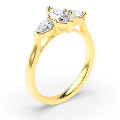 6 Prong Marquise Yellow Gold Three Stone Engagement Rings