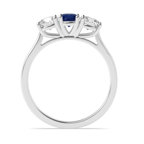 4 Prong Round Separate Claws Raised Set Blue Sapphire Three Stone Diamond Ring