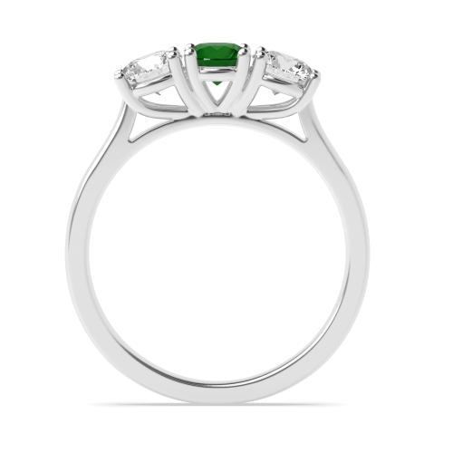 4 Prong Round Separate Claws Raised Set Emerald Three Stone Diamond Ring