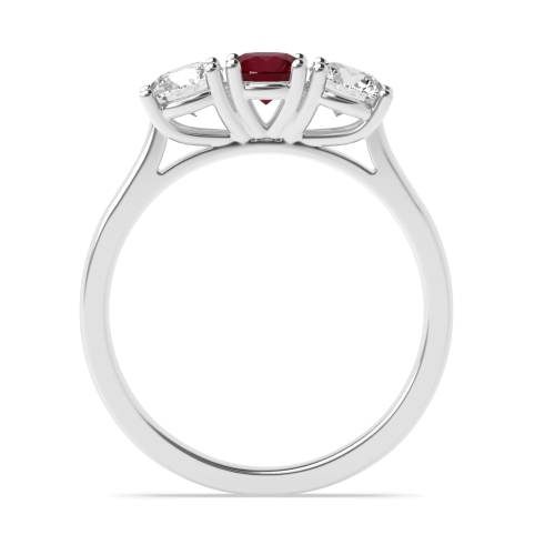 4 Prong Round Separate Claws Raised Set Ruby Three Stone Diamond Ring
