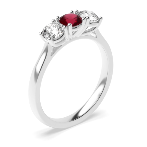 4 Prong Round Separate Claws Raised Set Ruby Three Stone Diamond Ring