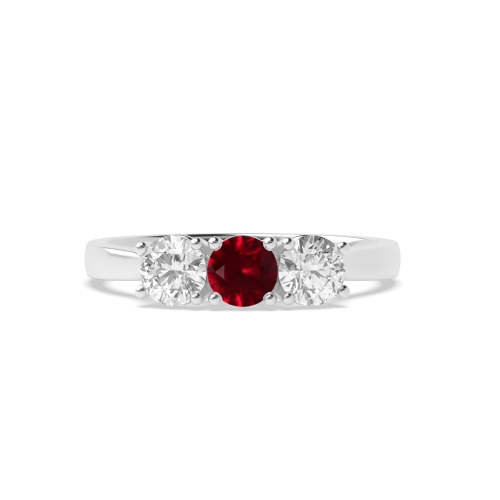 4 Prong Round Separate Claws Raised Set Ruby Three Stone Diamond Ring