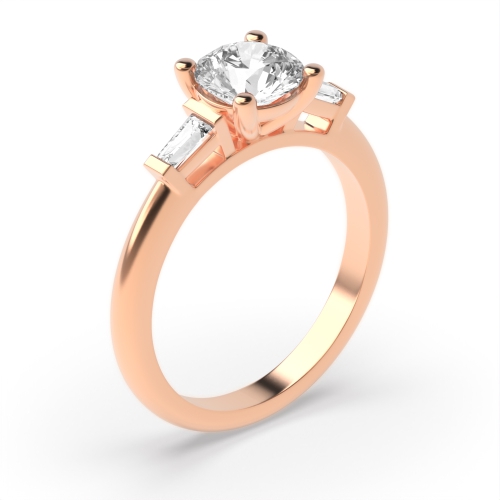 4 Prong Round Rose Gold With tapered baguette Trilogy Engagement Rings