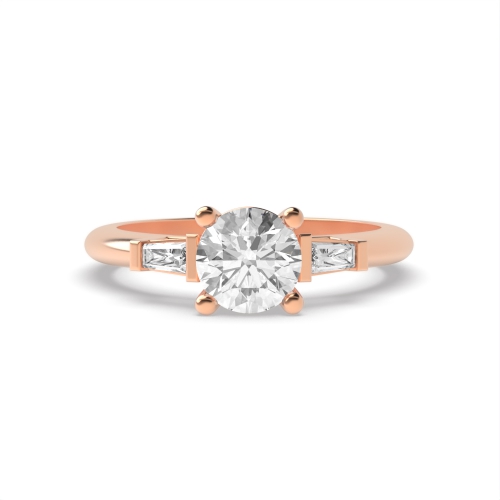 4 Prong Round Rose Gold With tapered baguette Trilogy Engagement Rings