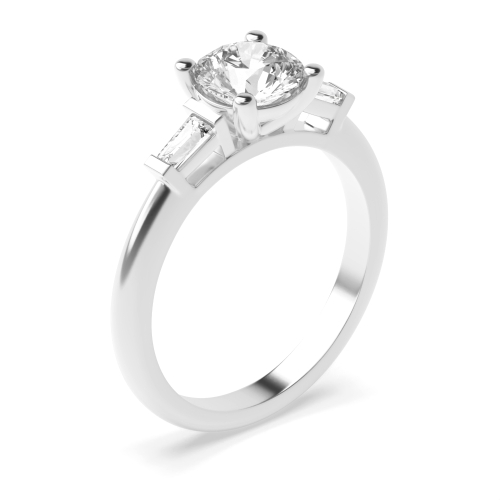 4 Prong Round With tapered baguette Moissanite Engagement Rings