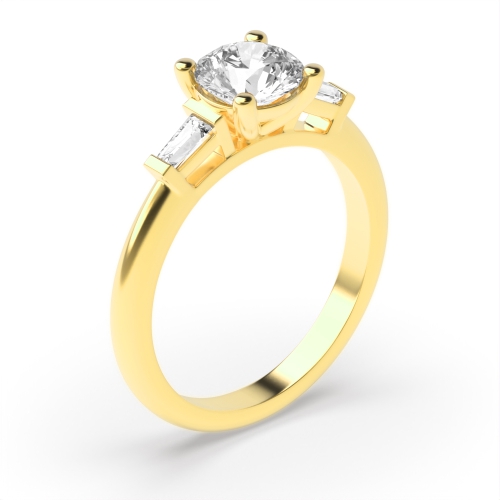 4 Prong Round Yellow Gold With tapered baguette Engagement Rings