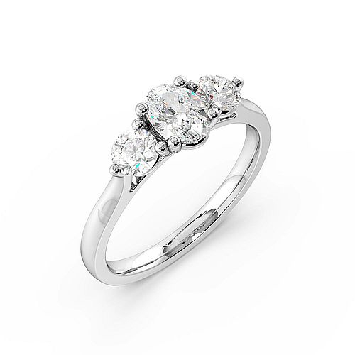 4 Prong Oval And Round Raised Setting Three Stone Engagement Ring