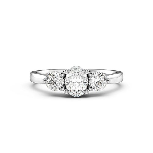 4 Prong Oval And Round Raised Setting Three Stone Diamond Ring