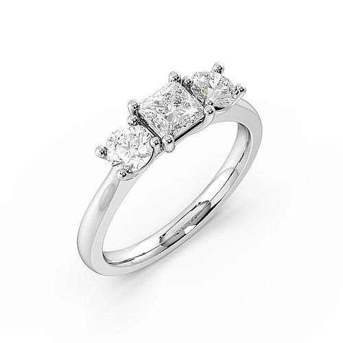 4 Prong Princess And Round Three Stone Diamond Ring