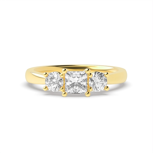 4 Prong Princess Yellow Gold And round Trilogy Engagement Rings