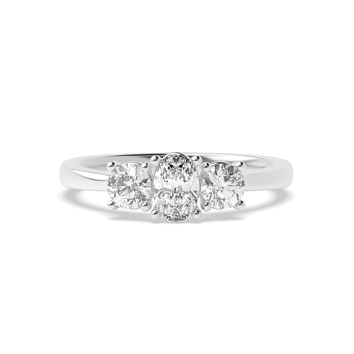 4 Prong Oval With round Naturally Mined Diamond Trilogy Engagement Rings