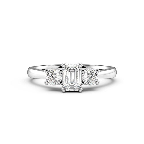 4 Prong Emerald With Round Graduated Three Stone Diamond Ring