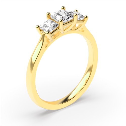 4 Prong Set Princess Cut Trilogy Diamond Rings In Yellow Gold