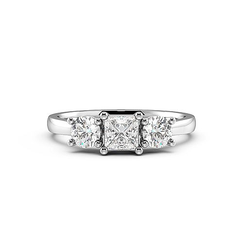4 Prong Princess And Round Raised Three Stone Engagement Ring