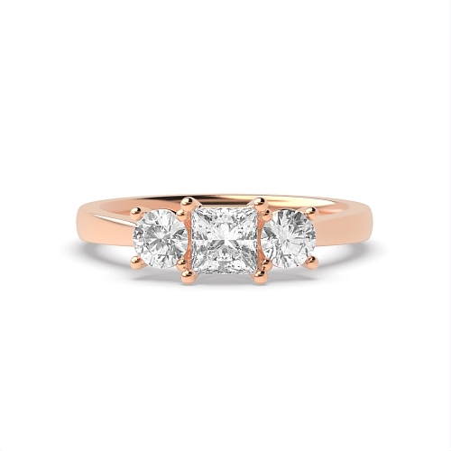 Princess Rose Gold And round raised Trilogy Engagement Rings