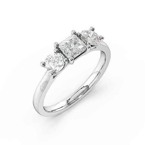 4 Prong Princess And Round Raised Three Stone Diamond Ring