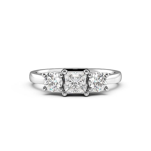 4 Prong Princess And Round Raised Three Stone Diamond Ring