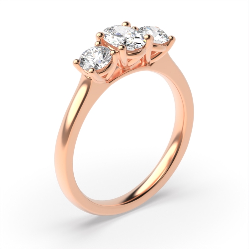4 Prong Oval Rose Gold And round high set Trilogy Engagement Rings