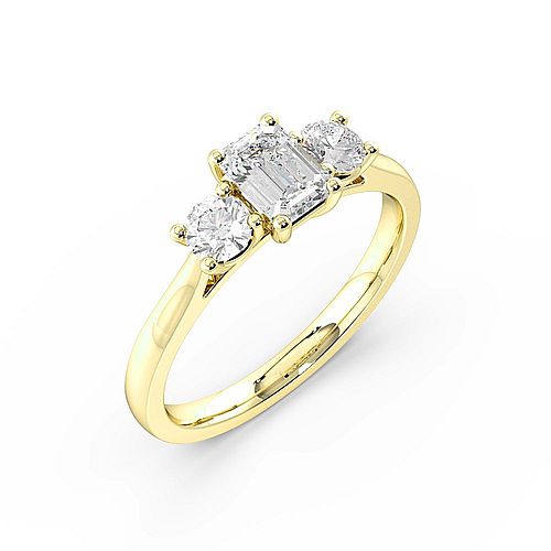 4 Prong Set Emerald Shape Trilogy Diamond Rings In White Gold