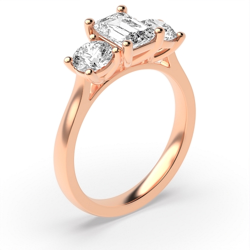 4 Prong Emerald Rose Gold And round with gallery Trilogy Engagement Rings